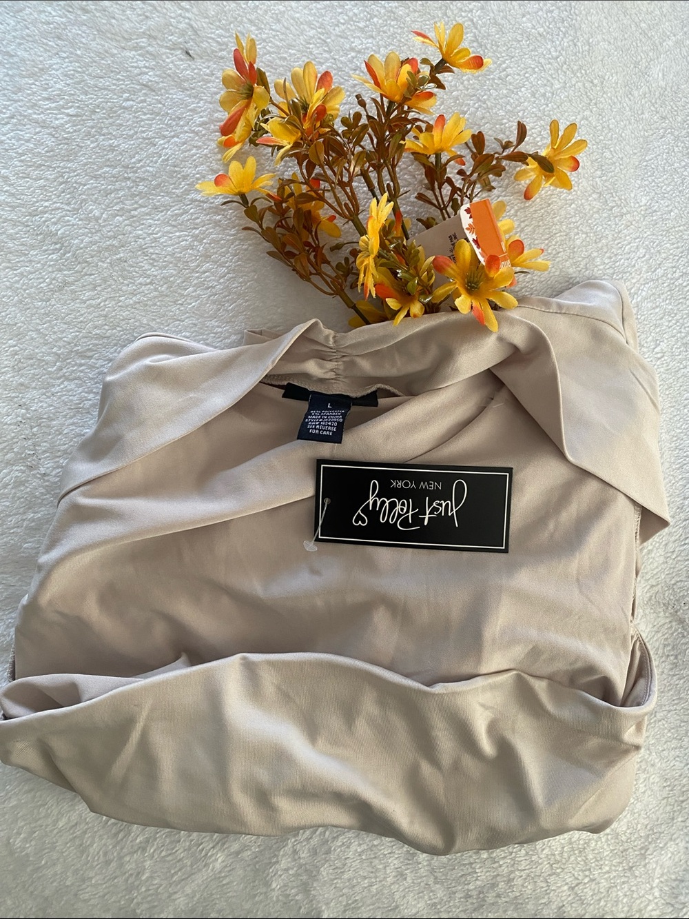 JUST POLLY Neutral Taupe Drape Front Long Sleeve Top. Size L - Picture 8 of 8